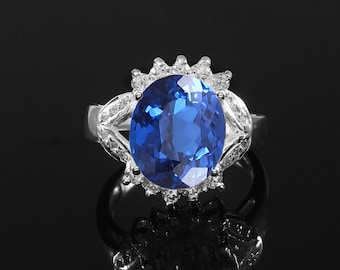 Anillo ovalado de espinela azul de Ceilán de calidad AAA impecable, anillo de plata de ley 925, anillo de boda llamativo, anillo de compromiso 12 x 10 mm