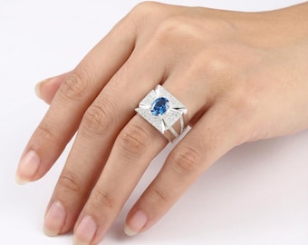 Anillo de espinela azul de Ceilán impecable en plata de ley, anillo solitario de gema de talla ovalada, anillo de compromiso azul / regalo de joyería de piedra natal 9 x 7 mm