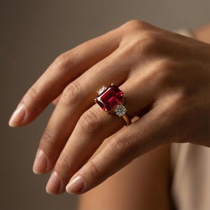Puede incluir: Un anillo de oro con una gran gema rectangular de color rojo intenso, flanqueada por dos gemas redondas y transparentes más pequeñas. El anillo está engastado en una delgada banda de oro, mostrando un diseño clásico y elegante.