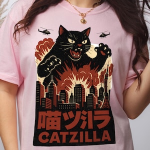 Catzilla Shirt, Funny Cat Parody Tees, Vintage Catzilla Black Cat Shirt, Cat Lover Gift For Men Women, Vintage Catzilla Tee, Cat Lover Tee