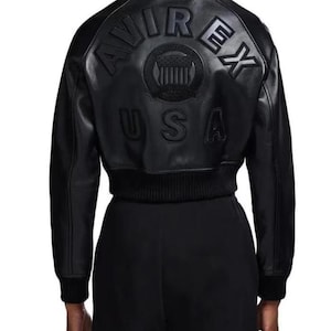 Avirex USA Cropped Icon Black Leather Jacket Women’s Bomber Jacket Genuine Cowhide Varsity Style Streetwear Fashion Jacket Gift for Her