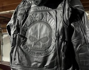 Harley Davidson Men’s Reflective Skull Leather Jacket Genuine Cowhide Black Willie G Skull Biker Jacket HD Motorcycle Racing Gear Gift Him