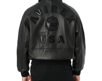 Avirex Black Leather Bomber Flight Jacket USA Icon Leather Jacket Genuine cowhide Aviator Jacket Avirex Varsity Jacket Best Gift for Him