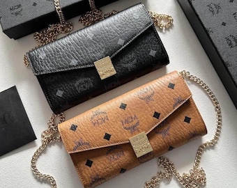 MCM Monogram leren tas met ketting, echt leren crossbody schoudertas, luxe designer mini tas, streetwear shopper, cadeau voor haar