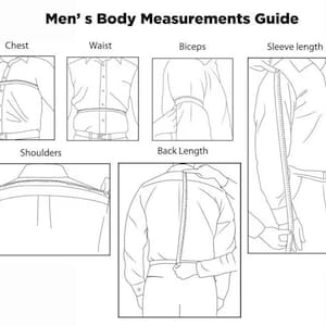 Op de afbeelding: Een zwart-wit diagram getiteld "Herren-K&ouml;rperma&szlig;e-Leitfaden" dat laat zien hoe je borst, taille, biceps, mouwlengte, schouders en ruglengte meet. Elke meting wordt ge&iuml;llustreerd met een persoon in een overhemd.