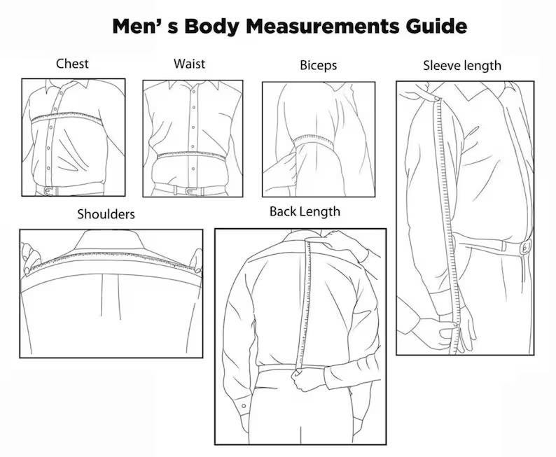 Op de afbeelding: Een zwart-wit diagram getiteld "Herren-K&ouml;rperma&szlig;e-Leitfaden" dat laat zien hoe je borst, taille, biceps, mouwlengte, schouders en ruglengte meet. Elke meting wordt ge&iuml;llustreerd met een persoon in een overhemd.
