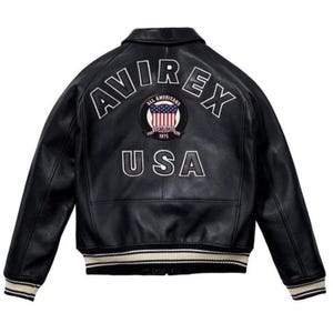 Avirex USA Icon Black Leather Jacket Men Military Bomber Jacket Genuine Cowhide Leather Biker Jacket Varsity Style Perfect Best Gift for Him