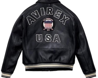 Avirex USA Icon Black Leather Jacket Men Military Bomber Jacket Genuine Cowhide Leather Biker Jacket Varsity Style Perfect Best Gift for Him