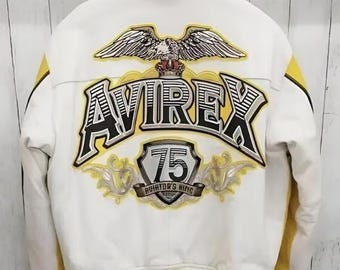Vintage Style Avirex 75th Anniversary Leather Bomber Jacket Genuine Cowhide Leather Biker Jacket Fashion Avirex Jacket Birthday Gift for Him