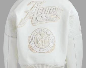 Avirex White Leather Bomber Jacket Gold Club Embroidered Logo Genuine Cowhide Perforated Leather Biker Jacket Perfect Gift for Her\Him