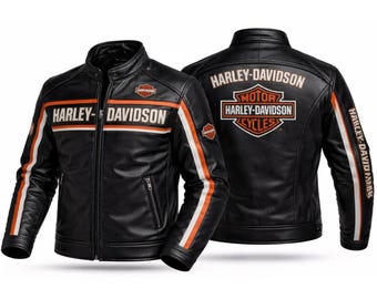 Giacca da uomo in pelle Harley Davidson nera, in pregiata pelle bovina, stile biker, da corsa, cafe racer, abbigliamento streetwear, regalo per lui.