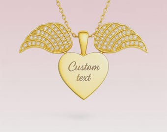 Gepersonaliseerde hartketting engel: gouden vleugelhanger, gegraveerde sieraden