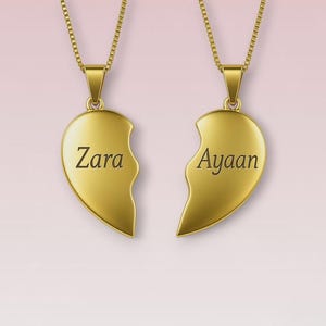 Personalized Broken Heart Necklace Set: Engraved Matching Pendant, Stainless Steel