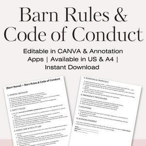 May include: Two white printable documents titled "Barn Rules & Code of Conduct" with detailed text. The top of the image has the same title in a large font. Text includes "Editable in CANVA" and "Instant Download". The Etsy shop URL is at the bottom.