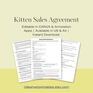 May include: Three white Kitten Sales Agreement forms with text including "Editable in CANVA & Annotation Apps" and "Instant Download." The forms include sections for buyer information, purchase price, and health guarantees. The Etsy shop URL is visible.