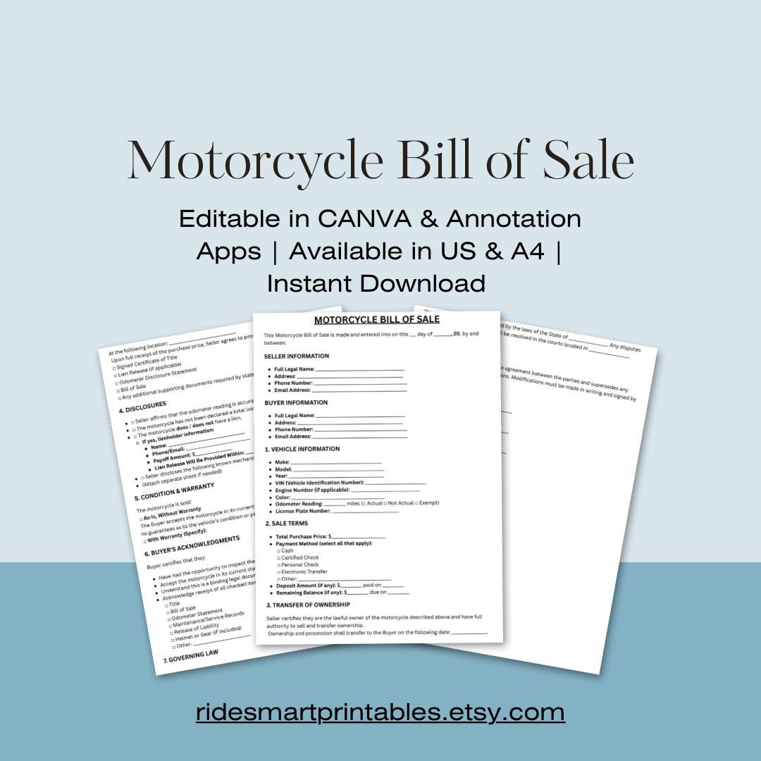 Motorcycle Bill of Sale Template – Printable Fillable PDF Form