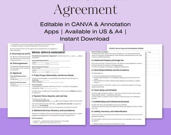 Bridal Contract Template | Editable Wedding Service Agreement Template | Instant Download