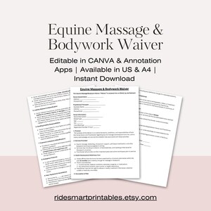 May include: A stack of white paper documents titled "Equine Massage & Bodywork Waiver." The documents are available in US & A4 sizes and are editable in CANVA & annotation apps. The documents are for instant download.