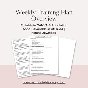 Puede incluir: Una descarga digital de una descripción general del plan de entrenamiento semanal. El documento está disponible en tamaños US y A4 y es editable en Canva y aplicaciones de anotación. El texto incluye "Weekly Training Plan Overview".