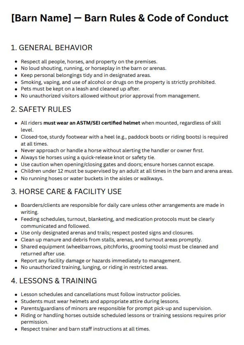 Barn Rules.pdf Barn Rules & Code of Conduct | Printable for Horse Boarding, Training ...