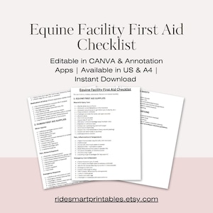 Könnte beinhalten: Eine weiße, druckbare Checkliste mit dem Titel "Equine Facility First Aid Checklist". Das Dokument ist in US- und A4-Formaten verfügbar und kann in Canva und Annotations-Apps bearbeitet werden. Die Checkliste enthält Abschnitte für Erste-Hilfe-Materialien für Pferde und Menschen.