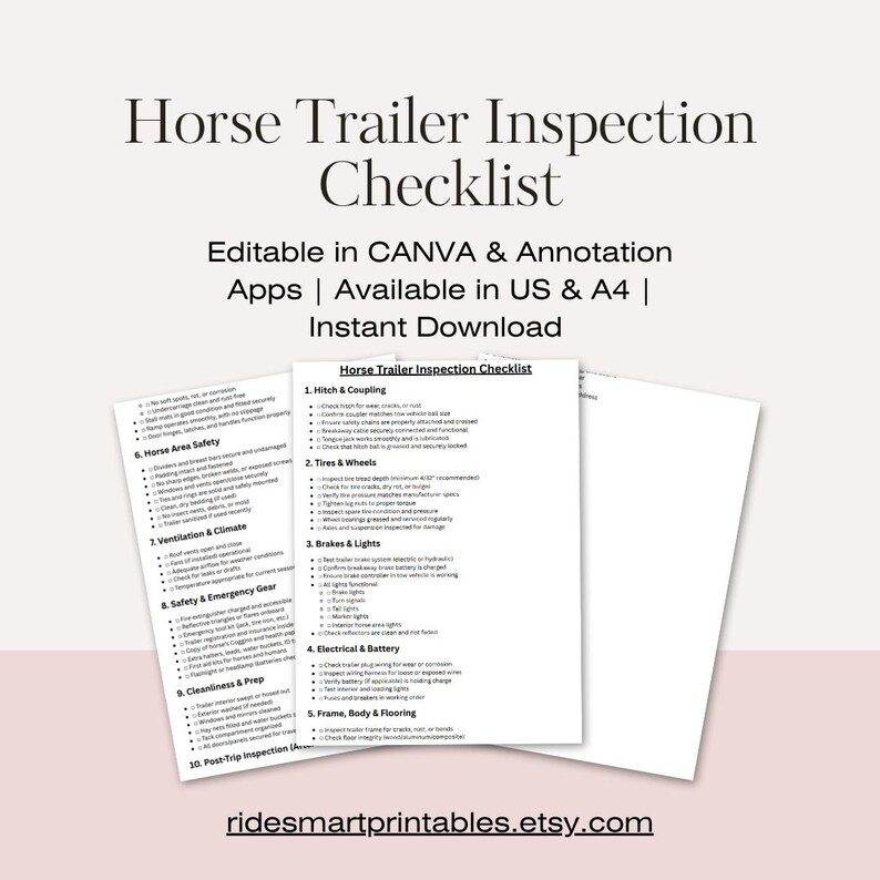 Equine Pre Ride Inspection Horse Trailer Inspection Checklist | Printable Pre-trip & Post-trip ...