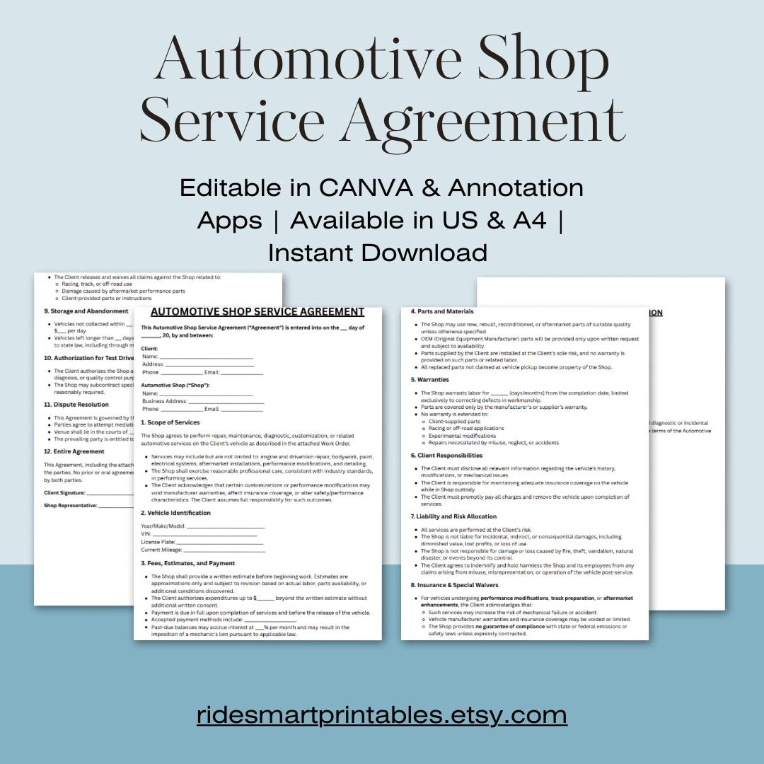 Automotive Shop Service Contract | Vehicle Repair, Maintenance ...
