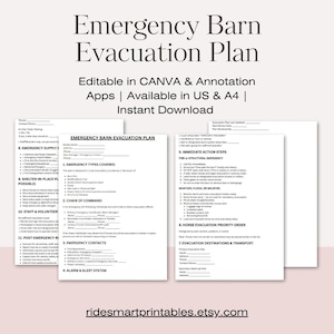 Puede incluir: Un plan de evacuación de emergencia para graneros imprimible, con secciones para contactos de emergencia, pasos de acción inmediatos y destinos de evacuación. Disponible en tamaños US Letter y A4. El texto "Emergency Barn Evacuation Plan" está en la parte superior.