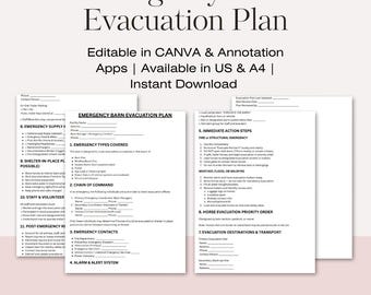 May include: A printable emergency barn evacuation plan, featuring sections for emergency contacts, immediate action steps, and evacuation destinations. The plan is available in US letter and A4 sizes. The text "Emergency Barn Evacuation Plan" is at the top.