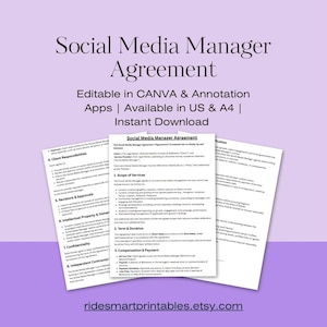 May include: A digital Social Media Manager Agreement template, available for instant download. The document is editable in CANVA and annotation apps, and is available in US Letter and A4 sizes. The document is on a purple background.