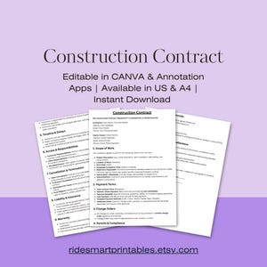 May include: A light purple background with the words "Construction Contract" in a dark purple font. Below the title are the words "Editable in CANVA & Annotation Apps | Available in US & A4 | Instant Download". The image shows a construction contract document.
