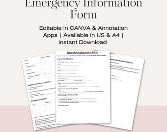May include: A stack of printable emergency information forms. The forms include sections for horse identification, health concerns, emergency contacts, and veterinary information. The forms are available in US and A4 sizes and are editable in Canva and annotation apps.