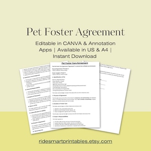 Könnte beinhalten: Mehrere weiße Papierdokumente mit dem Titel "Pet Foster Agreement" in einer Serifenschrift. Die Dokumente enthalten den Text "Editable in CANVA & Annotation Apps | Available in US & A4 | Instant Download" und die Etsy-Shop-URL.