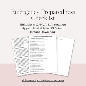 May include: A stack of white paper checklists titled "Emergency Preparedness Checklist." The checklists are editable in CANVA and annotation apps, available in US and A4 sizes, and are an instant download. The checklists include sections for emergency contact information, evacuation, and fire preparedness.