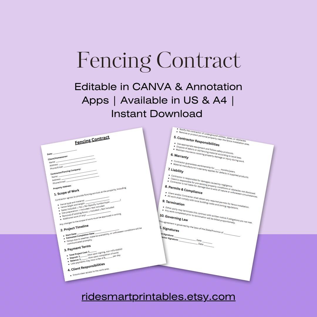 Fencing Installation Contract Template | Printable Fence Service ...