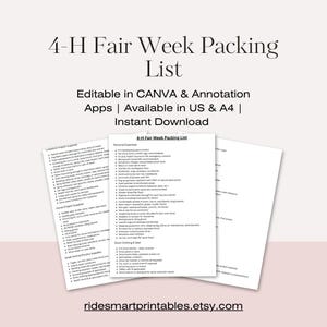 Może przedstawiać: Trzy białe kartki papieru z listą pakowania na 4-H Fair Week. Tekst zawiera "Editable in CANVA & Annotation Apps" i "Instant Download". Strona internetowa ridesmartprintables.etsy.com jest widoczna na dole.