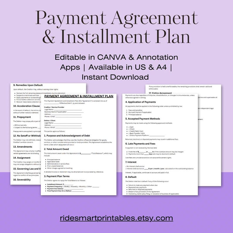 Payment Agreement & Installment Plan Template - Etsy