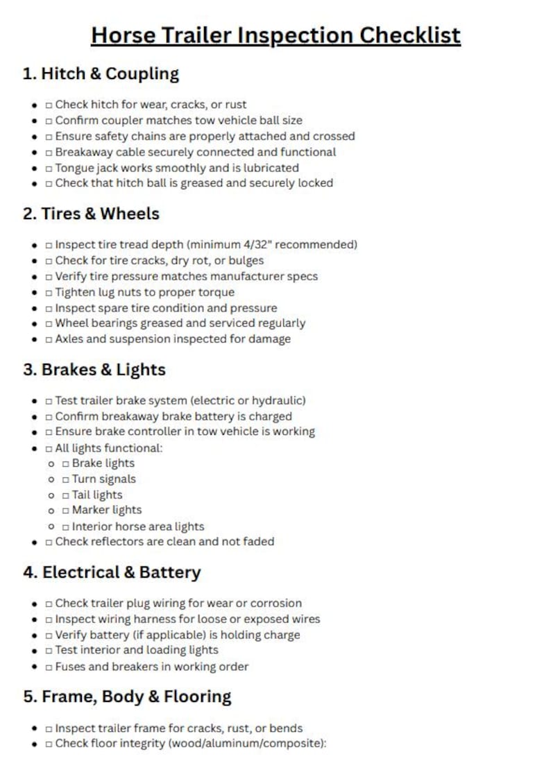 Equine Pre Ride Inspection Horse Trailer Inspection Checklist | Printable Pre-trip & Post-trip ...
