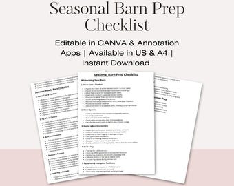 May include: A stack of white paper checklists with the title "Seasonal Barn Prep Checklist" in a serif font. The text "Editable in CANVA & Annotation Apps | Available in US & A4 | Instant Download" is above the checklists. The website ridesmartprintables.etsy.com is at the bottom.