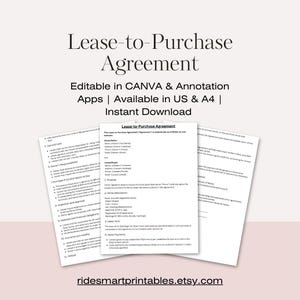 May include: A stack of white paper documents with the title "Lease-to-Purchase Agreement" in a serif font. The text "Editable in CANVA & Annotation Apps | Available in US & A4 | Instant Download" is also visible. The Etsy shop URL is at the bottom.