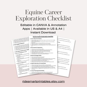 May include: A stack of white paper checklists titled "Equine Career Exploration Checklist." The checklists are editable in Canva and annotation apps, available in US and A4 sizes, and are an instant download. The Etsy shop name is ridesmartprintables.etsy.com.