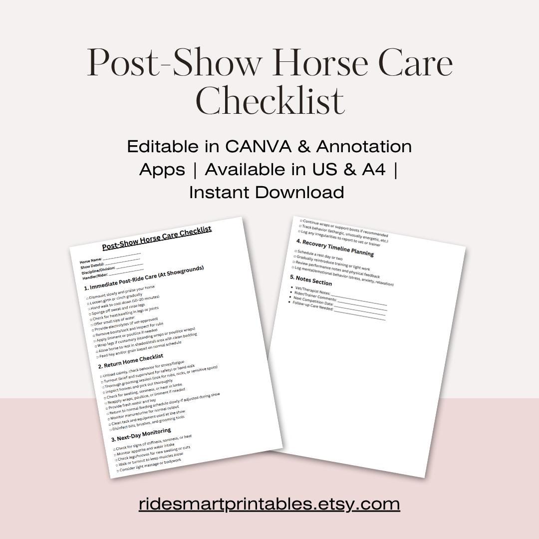 Post-show Horse Care Checklist | Printable Equine Recovery & Grooming ...
