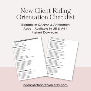 Può includere: Un modello di lista di controllo stampabile intitolato "New Client Riding Orientation Checklist" su carta bianca. La lista di controllo include sezioni su documenti amministrativi, valutazione del cavaliere, tour della stalla, toelettatura, aspettative della lezione ed etichetta della stalla.