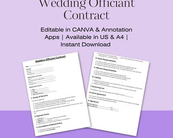 Plantilla de contrato de oficiante de bodas / Acuerdo de ceremonia imprimible / Formulario de servicio matrimonial digital / Documento legal editable