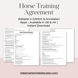 May include: A white document titled "Horse Training Agreement" with text fields and sections for information. The document is editable in Canva and annotation apps, available in US and A4 sizes, and is an instant download.