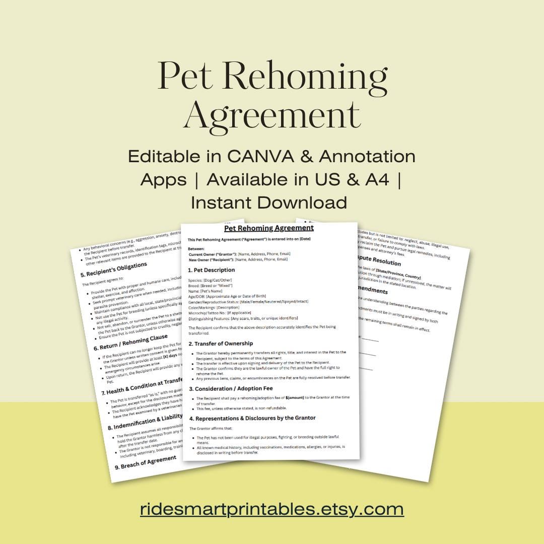 Pet Rehoming Agreement Template Printable Pet Adoption Contract Dog