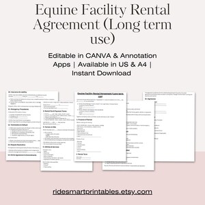 以下が含まれることがあります： 「Equine Facility Rental Agreement (Long term use)」というタイトルのデジタルドキュメントが表示されています。 このドキュメントはUSとA4サイズで利用でき、CANVAとAnnotation Appsで編集可能です。 ウェブサイトridesmartprintables.etsy.comも表示されています。