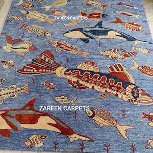 Designer Pictorial Fish Carpet for Stylish Homes Fancy Fish Art Rug Soft & Durable Blue Ocean Fish Floor Rug Hand Tufted Fish Theme Area Rug