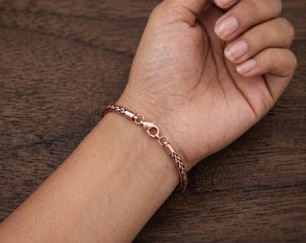 Tobillera o pulsera de cadena de trigo de cobre puro, joyería de cobre macizo, regalo artesanal para hombres y mujeres con artritis, cadena tejida unisex
