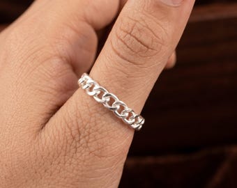 Anillo de cadena cubana de plata de ley 925, banda tipo curb hecha a mano, joyería minimalista apilable.
